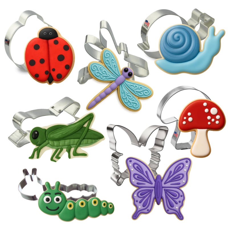 Foose Cookie Cutter 7 Piece Insect 3.5 in Dragonfly, 4.25 in Caterpillar, 3 in Ladybug, 4.5 in Butterfly, 3.5 in Grasshopper, 4.25 in Snail, 3.25 in Mushroom - USA Made - Image 1